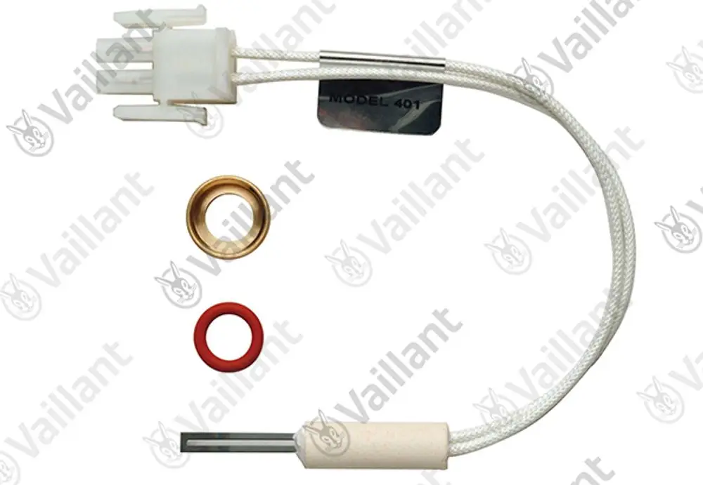 Vaillant Elektrode mit Anschlussstecker, einer Metallspitze und zwei O-Ringen in Rot und Goldton, auf hellem Hintergrund abgebildet.